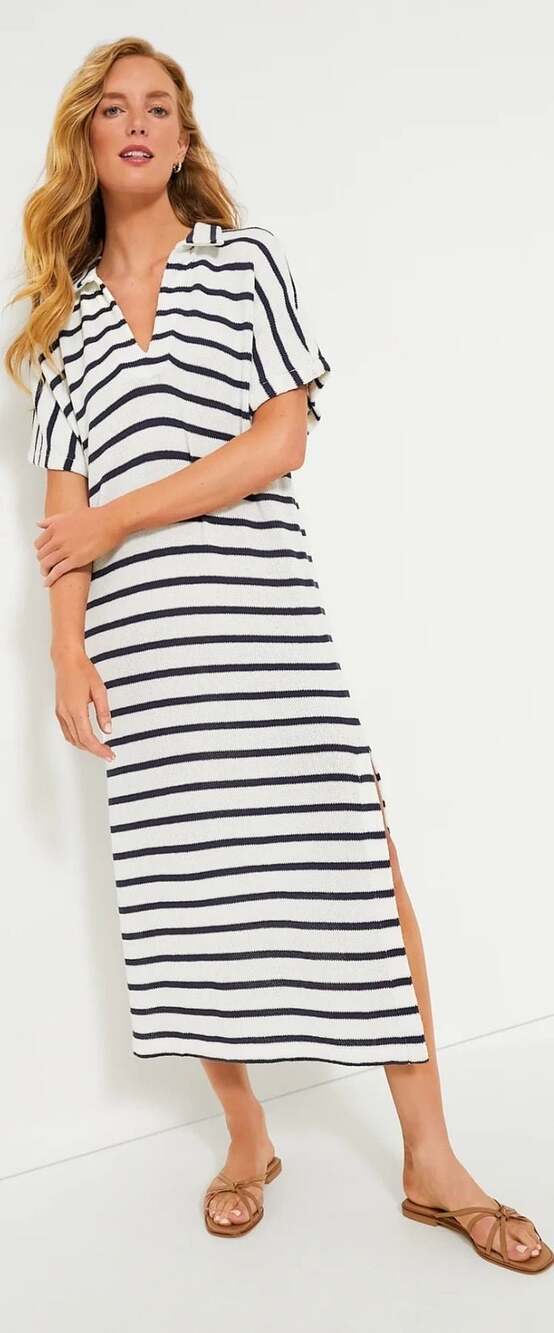 Pomander Place Striped V-Neck Collared Short Sleeve Midi Sweater Dress Y24362T